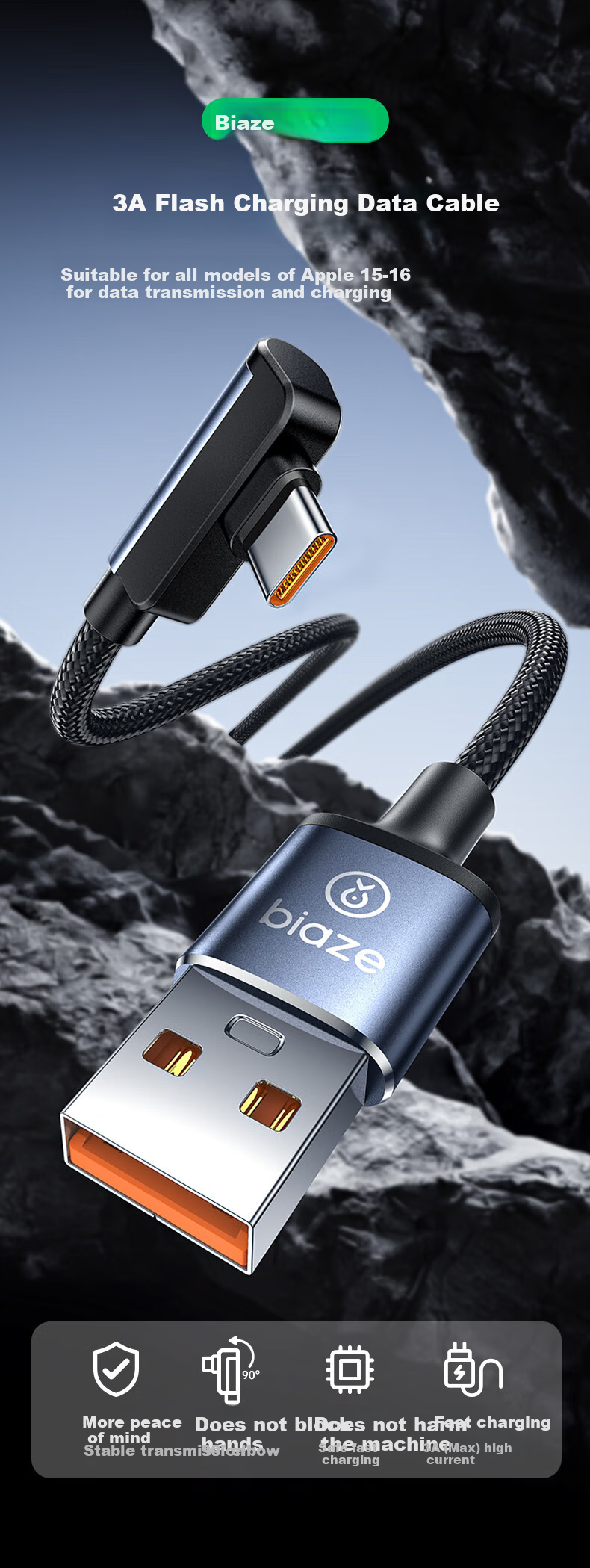 BIAZE Fast Charging Cable, Type-C Charging Cord, USB Car Adapter Data Cable, Suitable for Apple IPhone 18/17/16, Huawei, Honor, Xiaomi, Android Phones And Tablets, IPad 2, Meter 1