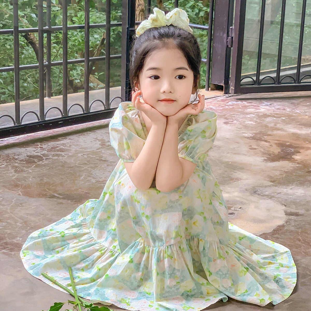 Tutuxiaoxiang Girls' Dress, 100% Cotton, Children's Puff Sleeve Floral Princess Dress, Green, Size 110, Height Approximately 110cm
