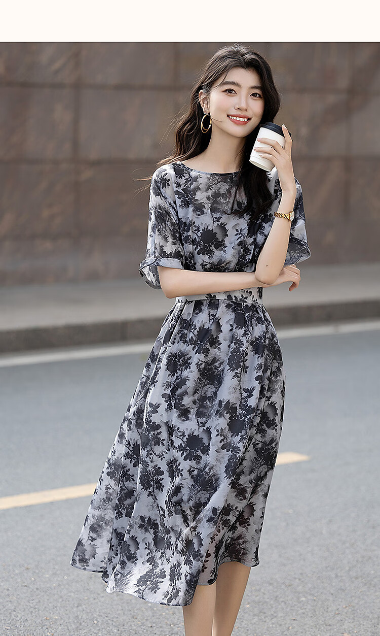 Dme [Retro Straight-Spray Ink Floral Print] Summer French Round Neck Drop-Shoulder Waist-Cinching Tie-Waist Women's Dress 11