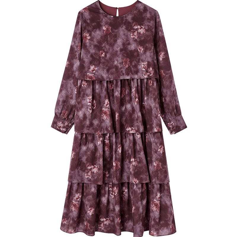Demana [Peach Blossom Wrinkle Print] Autumn French Soft Style Cake Dress Loose Waist Slimming Elegant Women's Dress