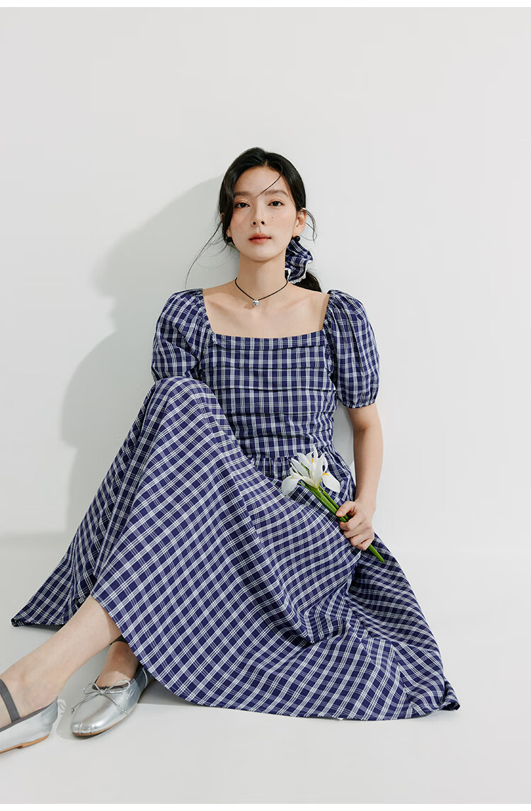 INMAN French Plaid Dress Summer Women's Versatile Puff Sleeve A-Line Skirt Navy Blue S 19