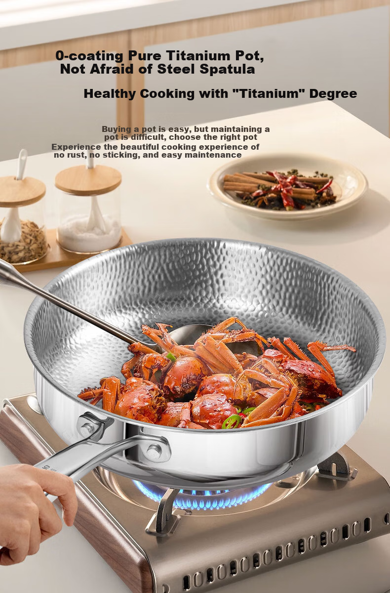 OLOFE Old Guandong Generation Pure Titanium Non-Coated Flat Bottom Frying Pan, Handmade Linen Pattern Titanium Uncoated Steak And Baby Food Pan, 28cm 5