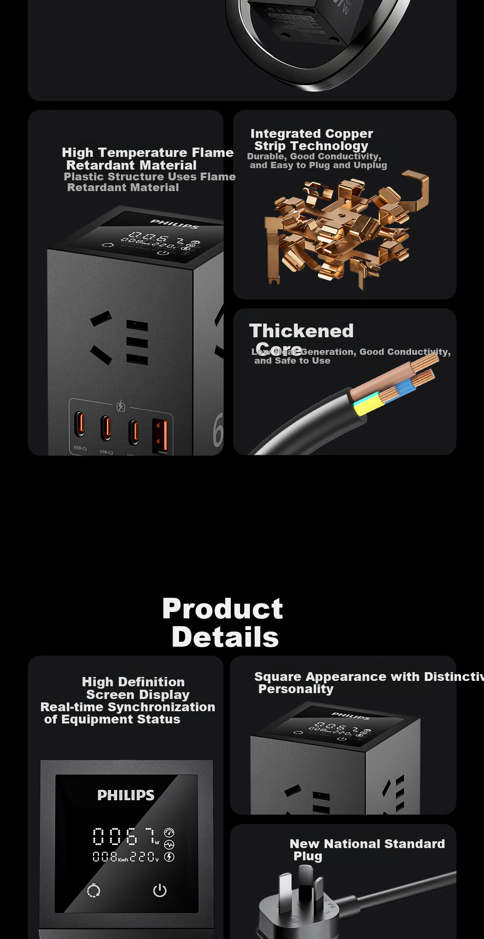 PHILIPS Desktop Charging Station, Gaming Power Strip, 67W Vertical Digital Display Socket, Gallium Nitride USB Outlet, Multifunctional Smart Fast Charging Extension Cord, Multi-Port Power Strip Suitable for IPhone 18 14