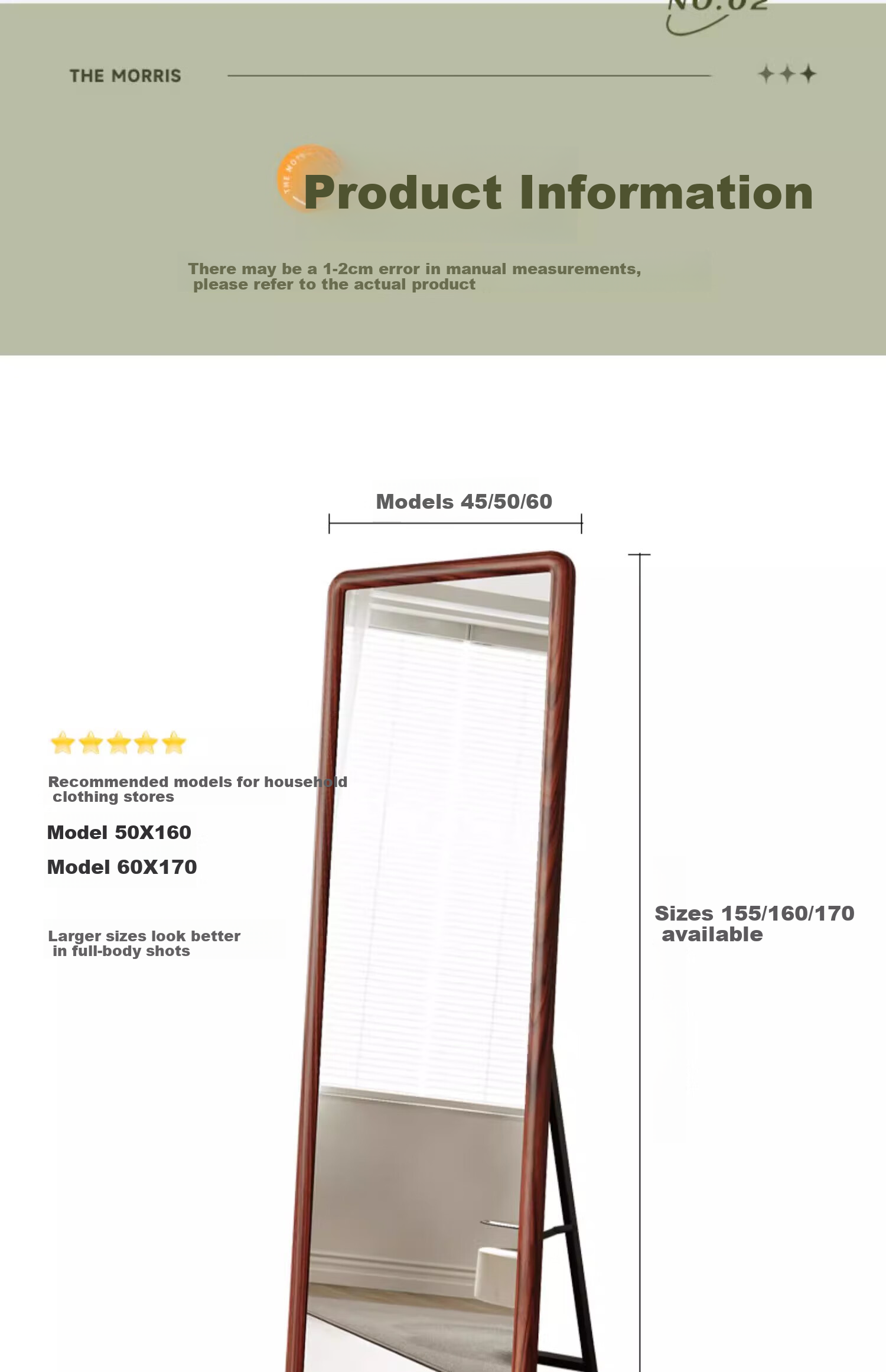 Milin Floor-Standing Full-Length Mirror, Wall-Mounted Dressing Mirror for Clothing Stores, Simple Home Use Mirror with Walnut Color Frame, 150cm 20