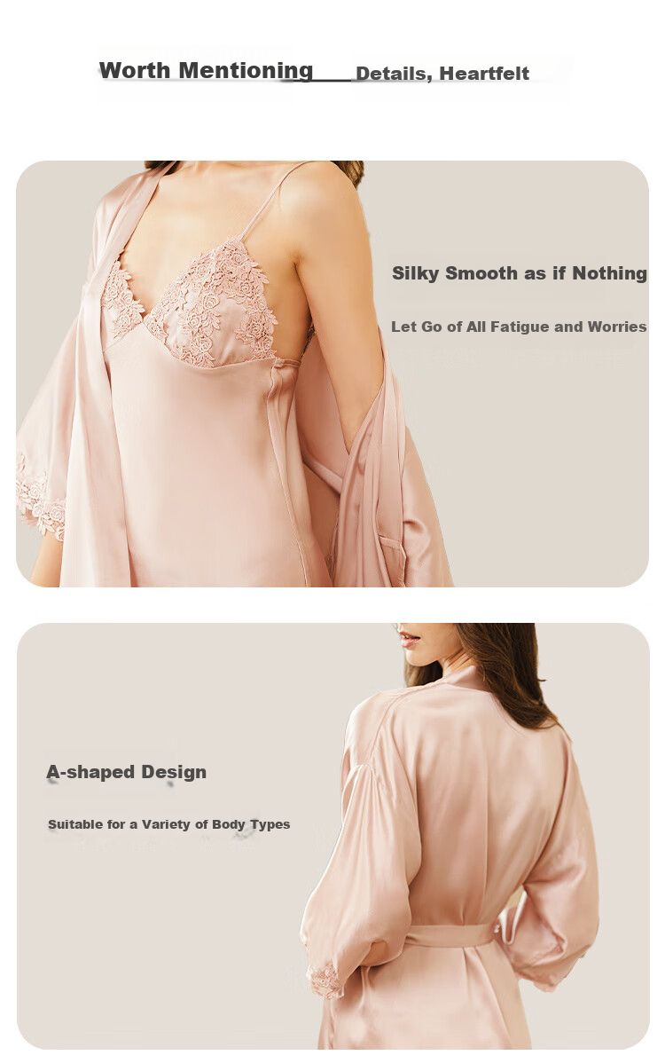 Sijie Heavyweight Pure Silk Robe, 100% Mulberry Silk, Comfortable Handmade Embroidery Rose Spaghetti Strap Nightgown Set, Silk Loungewear 3