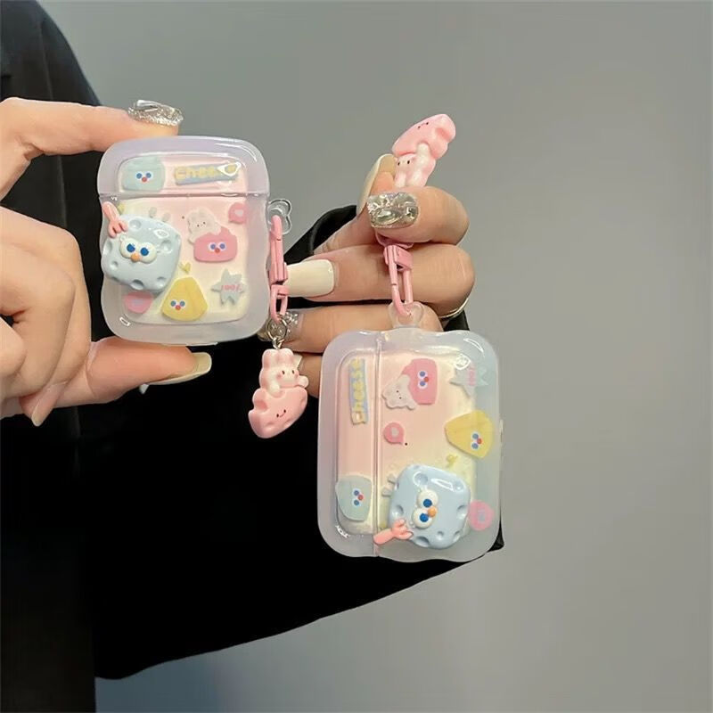 Beiyipin Ins Gradient Cute Blue Cheese Case for AirPods 2nd Generation Apple Earphones, Compatible with Bluetooth 1st And 2nd Generatio 1