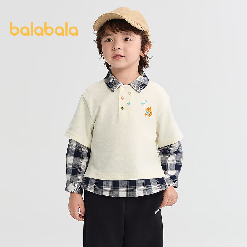BALABALA Boys' Sweatshirt, Plaid Patchwork Faux Two-Piece Long-Sleeve Top, Autumn Wear, Preppy Style, 209325121101