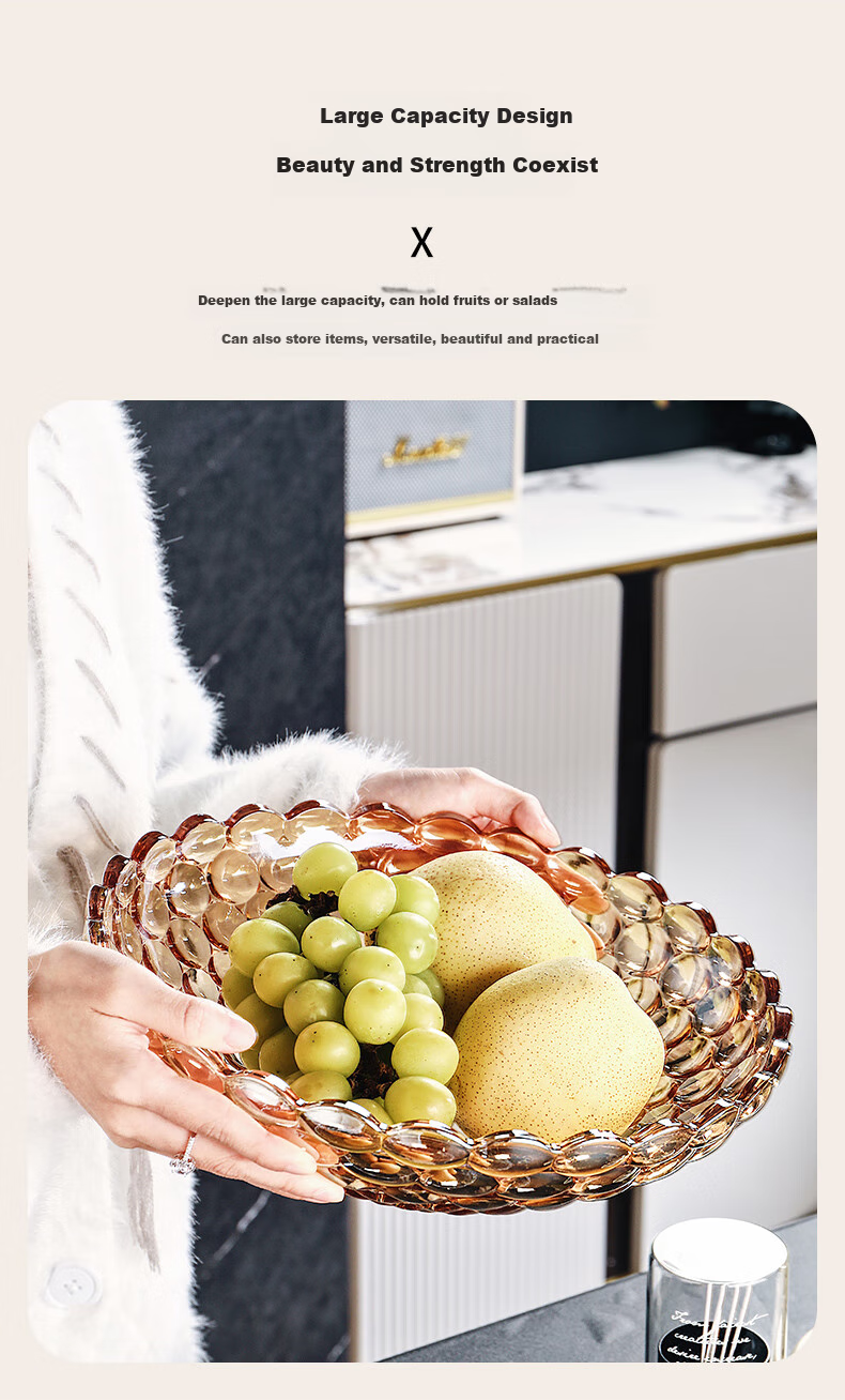 CRISTALGLASS Glass Fruit Plate, Home Living Room Coffee Table, European Light Luxury Style, Internet-Popular High-End Snack Display Tray, Large Capacity 6