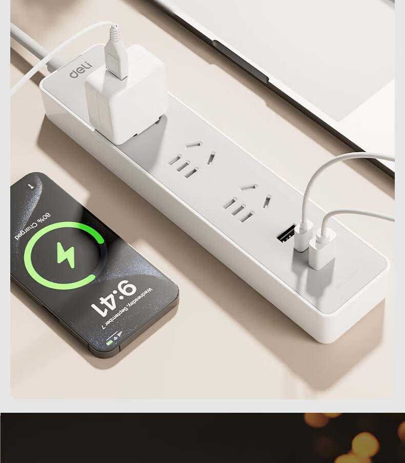Deli 20W PD Multi-Port Fast Charging Power Strip, USB Desktop Power Strip Socket, Compatible with Apple Xiaomi Android Huawei, 1.8m Total Control 3 Outlets + 2A1C LU9082 1