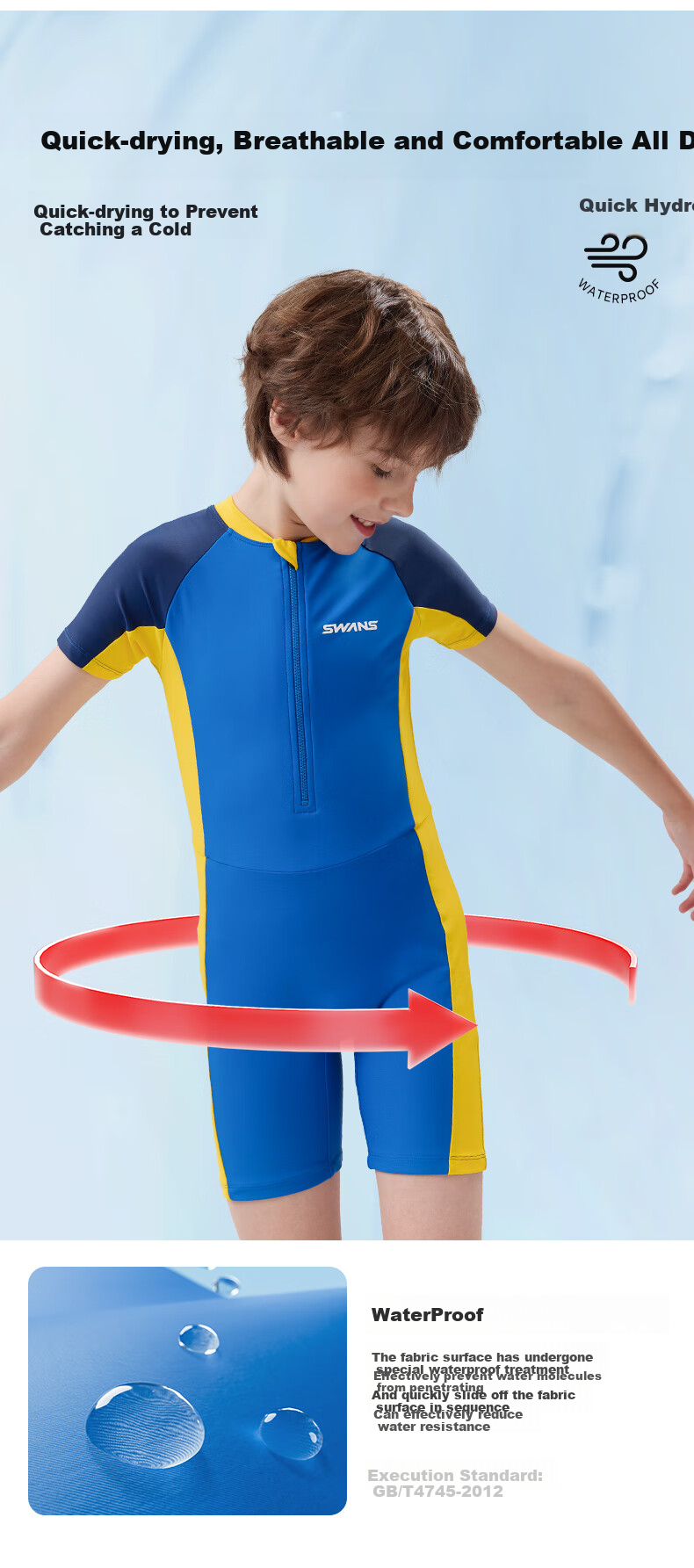 SWANS Children's Swimsuit, Boys' One-Piece Swimwear, Chlorine-Resistant, Quick-Drying, Sun Protection, Surfing Suit, Blue, Size 150 7