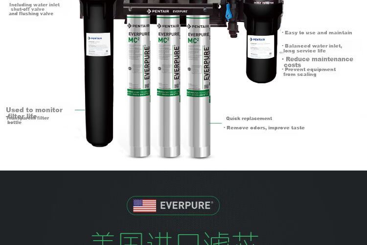 Everpure Coffee Shop/Milk Tea Shop/Chinese Restaurant Direct Drinking Filter Zero Wastewater 5.1L/min 5100L Water Production Commercial Water Purifier MC2 Triple High-End Model 6