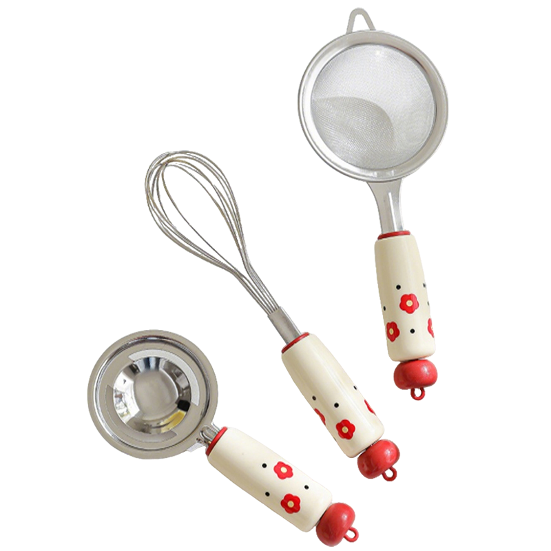 Baoshi Baby Food Preparation Tool Set - Stainless Steel Filter Sieve, Baby Steaming Cake Mold, Egg Beater, and Slotted Spoon Cooking and Baking Kit