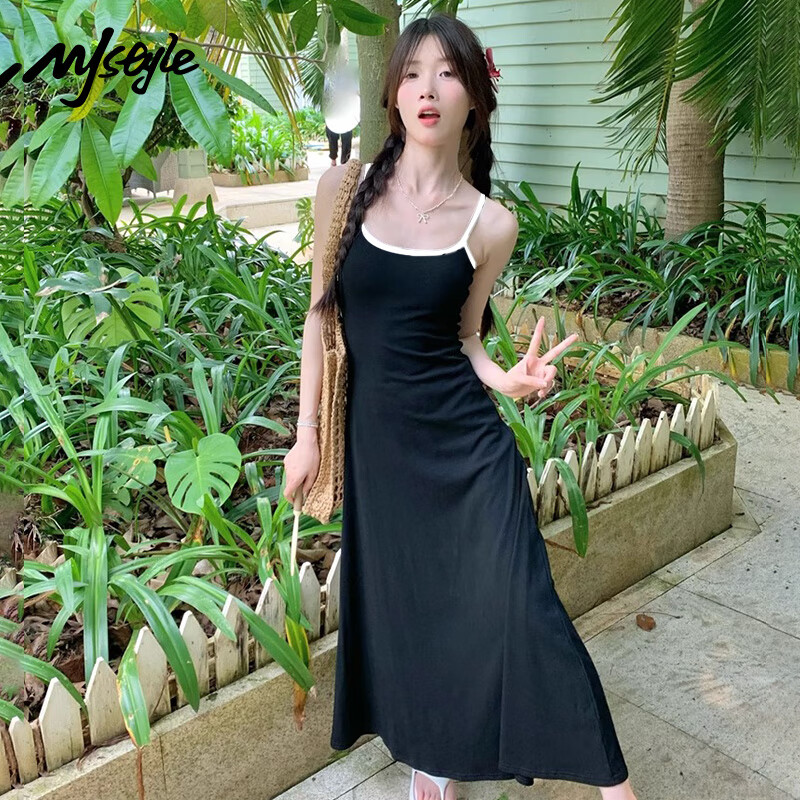 MJ STYLE Women's Spaghetti Strap Dress 2026 Summer New Elegant Slim Fit Waist-Defining Sexy Vacation Maxi Dress