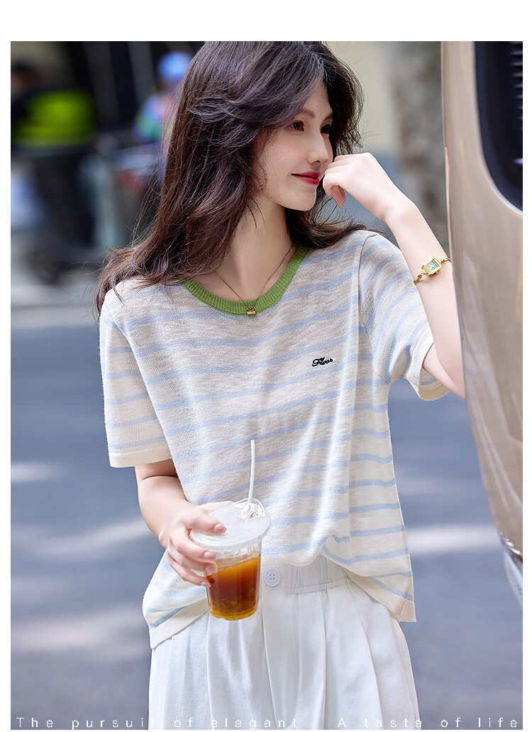 Awakening Paradise 26 Summer Korean Slim Fit Slimming Round Neck T-Shirt Top Short Sleeve Knitwear Blue Striped One Size 7