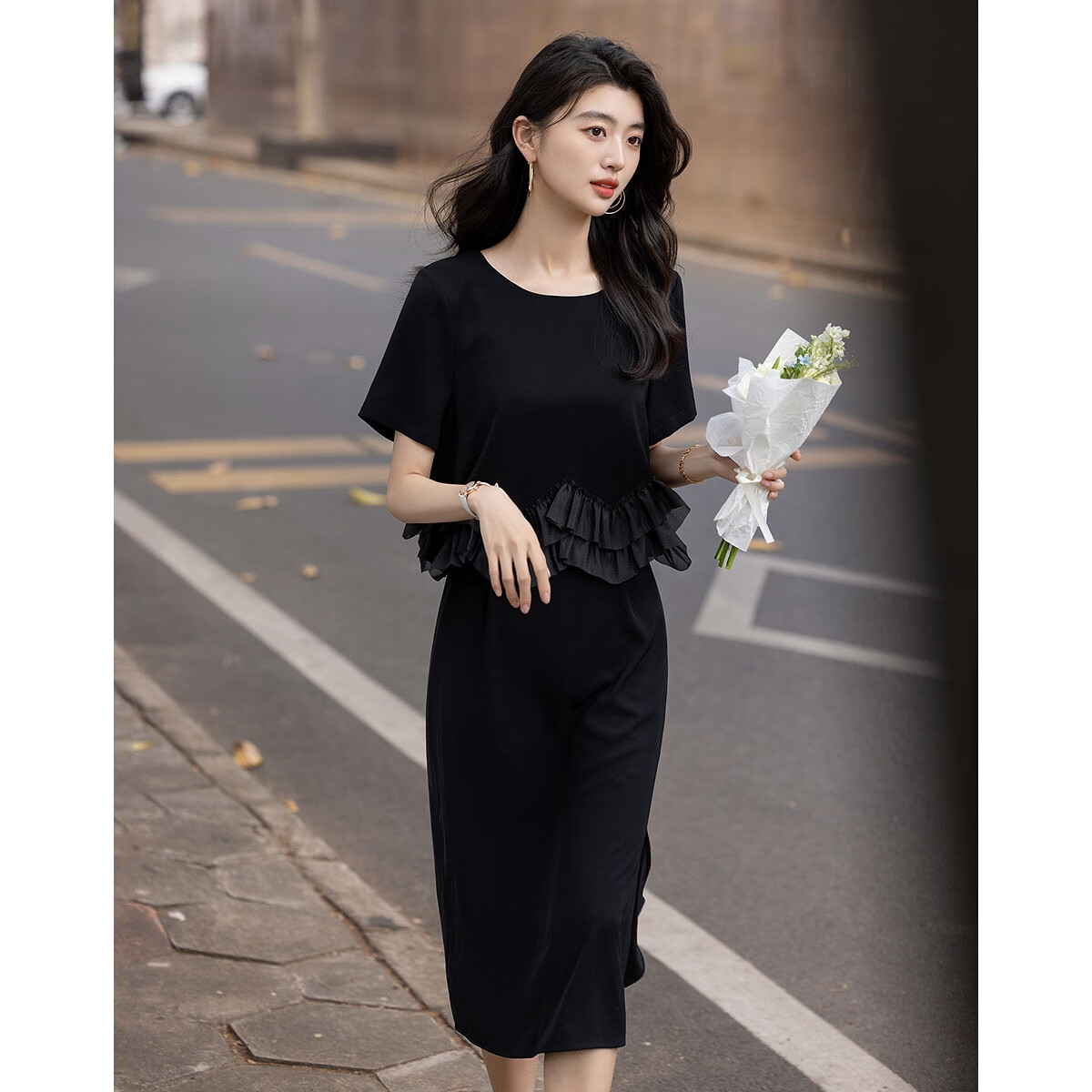 Demana Elegant Faux Two-Piece Summer 80D Textured Ruffle Splice Back Hidden Zipper Mid-Length Women's Dress