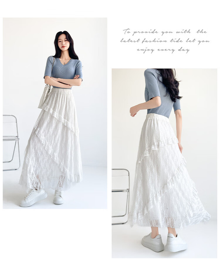 JEANSWEST Women's Autumn High-Waist A-Line Lace Splice Twill Slim Mesh Cake Skirt White M 3