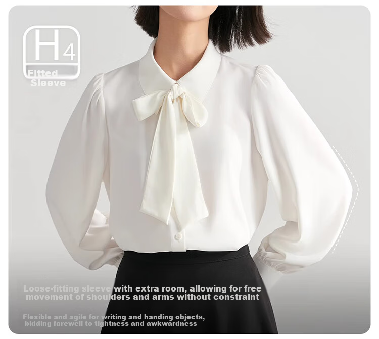 Bodexiaojie White Long-Sleeve Blouse for Women, Ribbon Tie, Professional Commute Top, Wrinkle-Resistant Interview Suit Inner Layer, Chiffon Blouse, XL 10