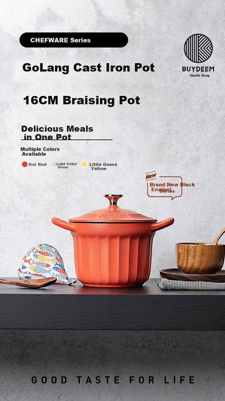 Buydeem Enamel Pot, Braising Small Round Pot, Double-Ear Cast Iron Pot, Stew Pot, 16cm Braising Pot, Light Gree 2