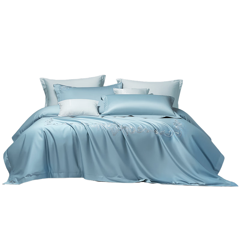 Fuanna Bedding Set 4-Piece 120s Double-Strand Long-Staple Cotton Sateen 100% Bed Sheet Duvet Cover Single/Double 203x229cm Sky Blue