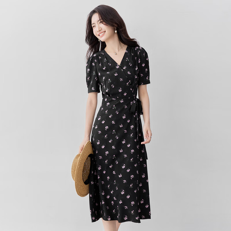 Shangdu Bila V-Neck Short Sleeve Printed Dress Women Summer Waist Slimming Tea Break Floral Elegant Commuter Mid-Length Dress