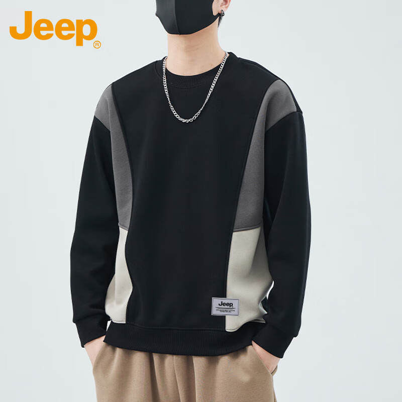 JEEP Men's Sweatshirt, Color Block Design, Heavyweight, Spring And Autumn Long-Sleeve T-Shirt, Loose-Fitting Trendy Base Layer Top, Men's Clothing, Black, 2XL