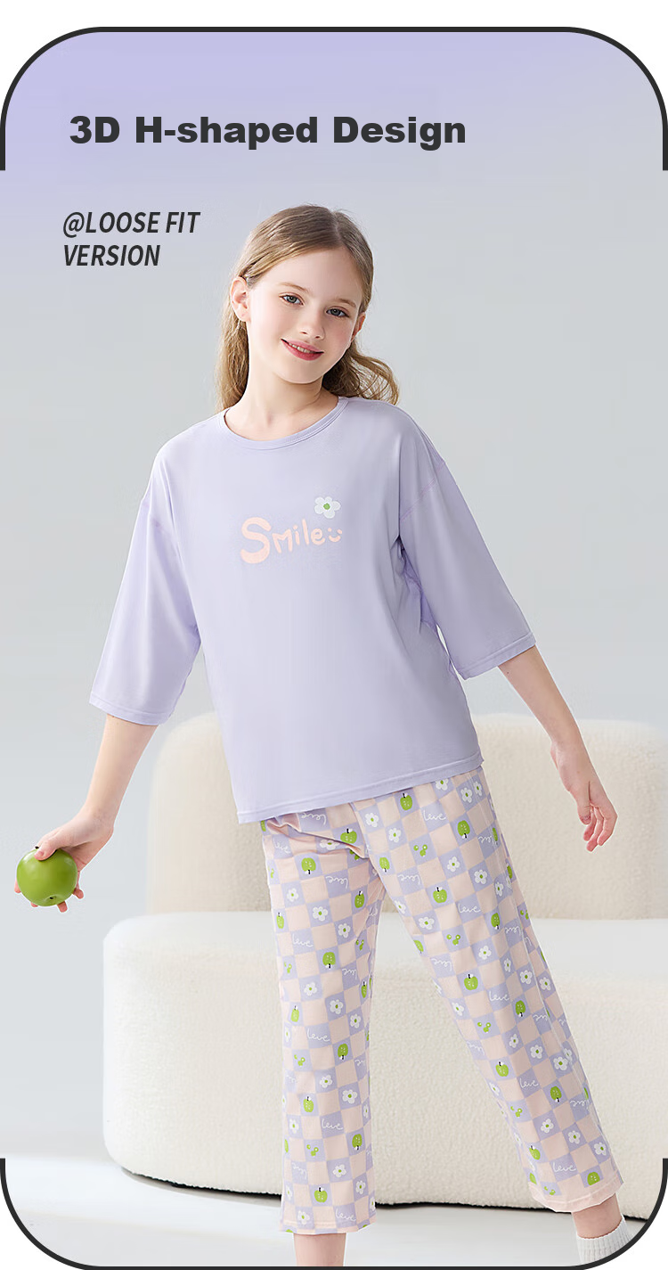 LangSha Children's Pajamas for Girls, Summer Thin Lycra Cotton Three-Quarter Sleeve Sleepwear Set for Middle And High School Students, Teenage Home Wear 11