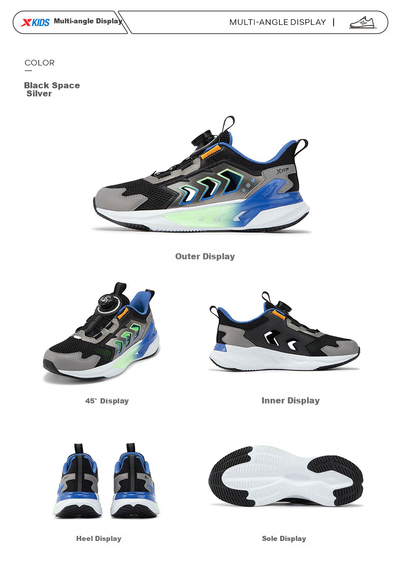 XTEP Children's Shoes for Boys, Big Kids' Mesh Breathable Rotating Buckle Running Shoes, Black/Smart Blue, Size 40 6