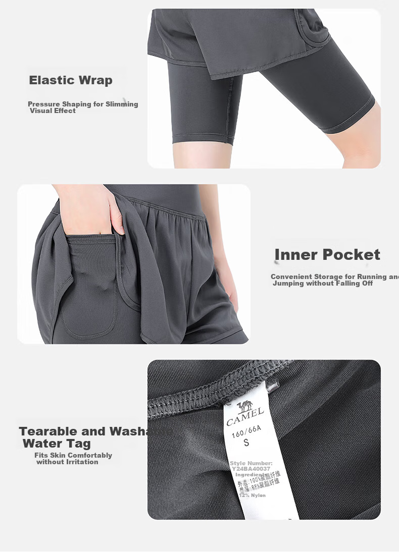 CAMEL Faux Two-Piece Quick-Dry Women's Sports Pants, Elastic Running Fitness Shorts, Y24BA4L0037M, Misty Gray, L 21