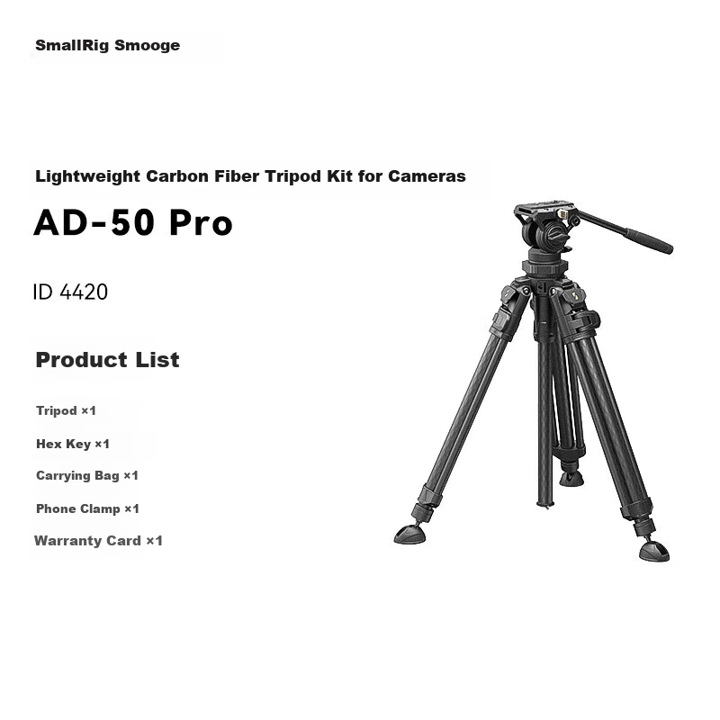 SmallRig 4420 AD-50 Carbon Fiber Tripod, Professional Lightweight Camera Birdie Stand, Hydraulic Damping Ball Head Support, Arm, Portable Photography Live Streaming Aluminum Alloy Tripod