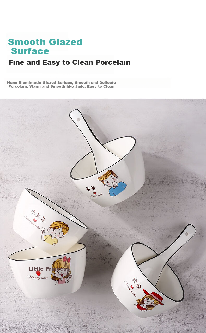 Canjiangjun Parent-Child Bowl Set, Household Tableware, Soup Spoons for A Family of Four, Ceramic Square Bowls, 4-Piece Set [With Matching Spoons] 5