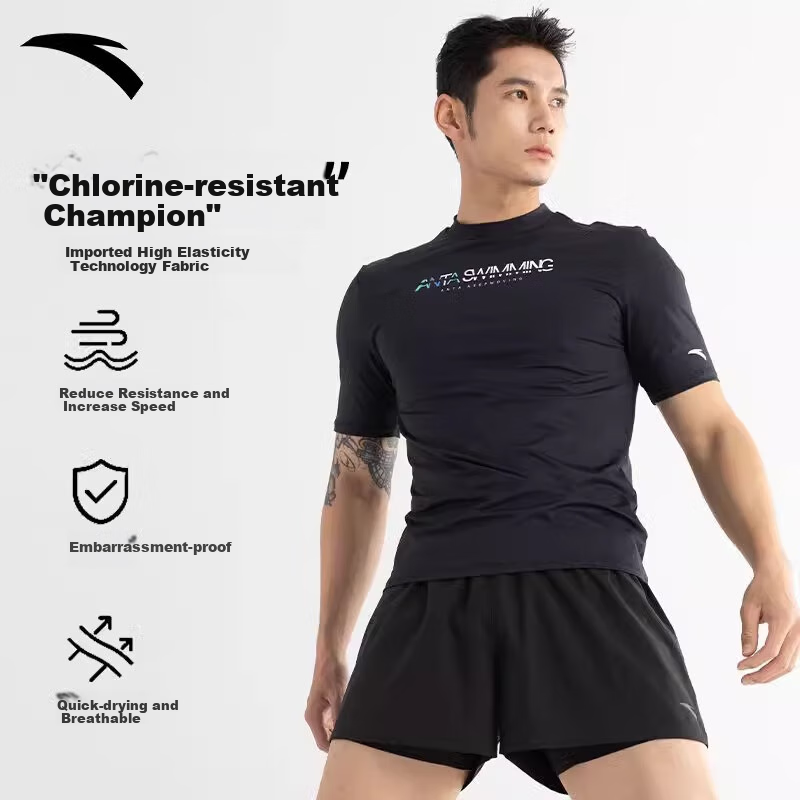 ANTA Men's Swimming Suit Set, Anti-Embarrassment Double-Layer Swim Trunks Two-Piece Professional Equipment for Hot Springs, Black 2XL