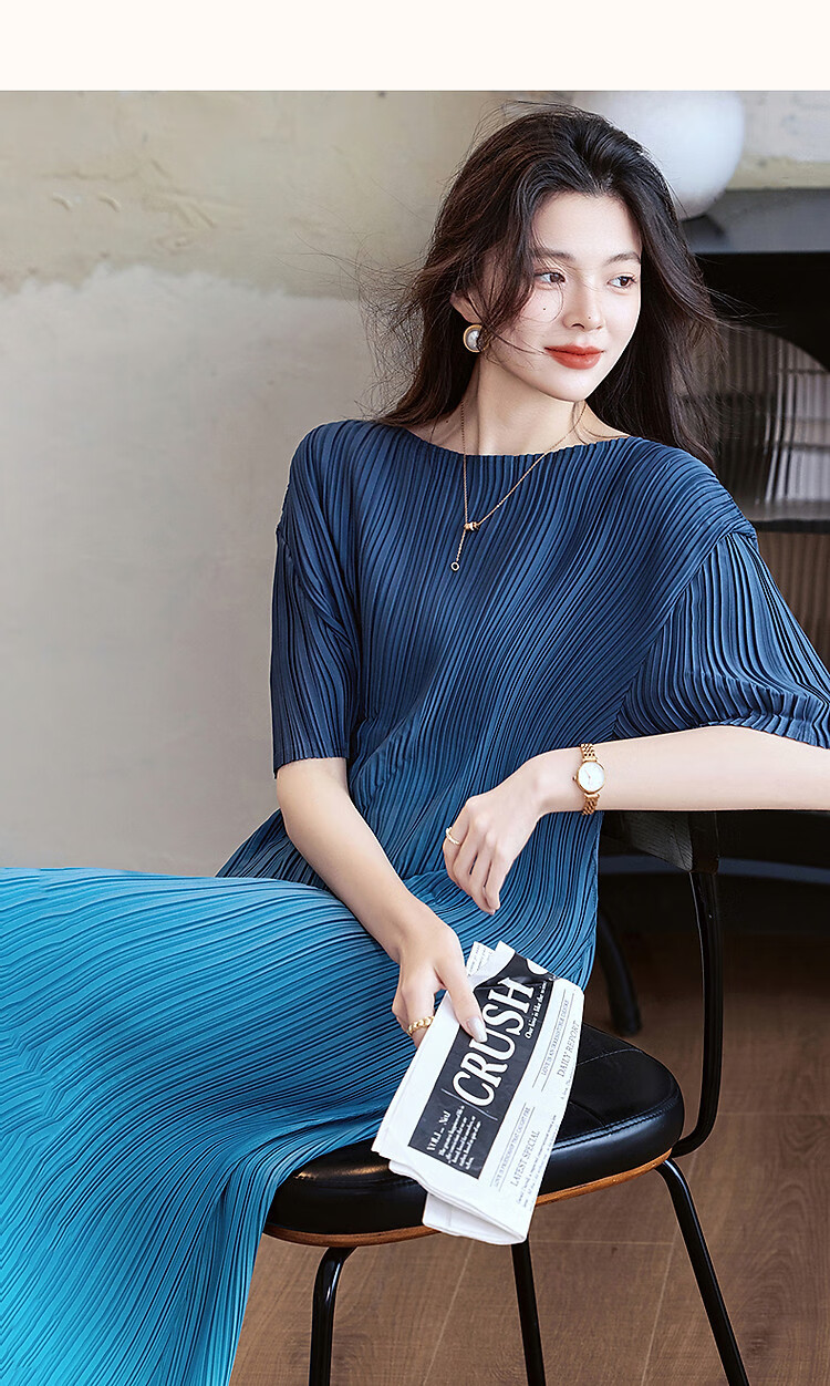 Demana "Flowing Years" Summer Elegant Textured Gradient Print Crinkled Straight-Cut Petite Chic Women's Dress 17