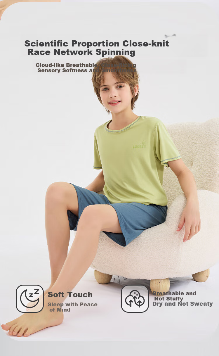 LangSha Children's Pajamas for Boys, Summer Thin Breathable Short-Sleeve Sleepwear Set Suitable for Older Kids, Green, Size 120 1