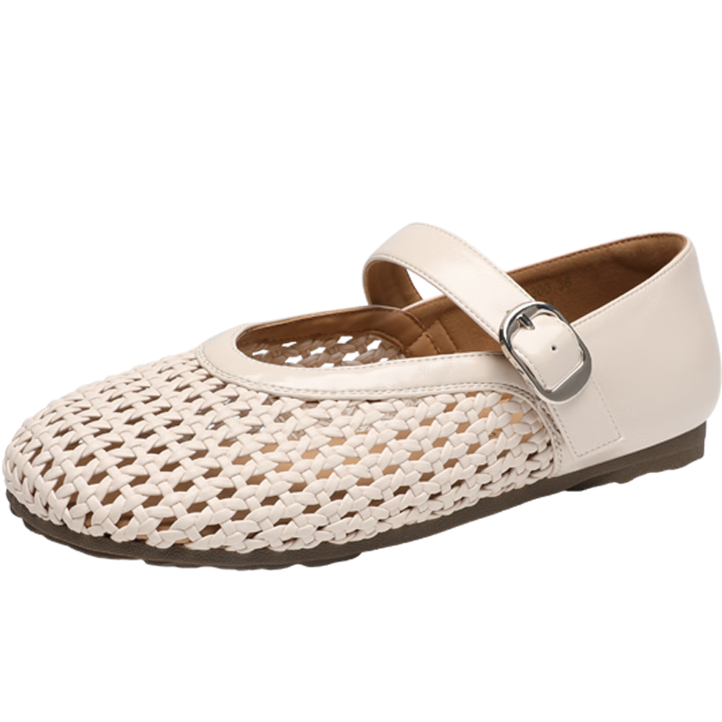 ZHR Women's Hollow Breathable Woven Mary Jane Shoes EH200 Beige Size 38