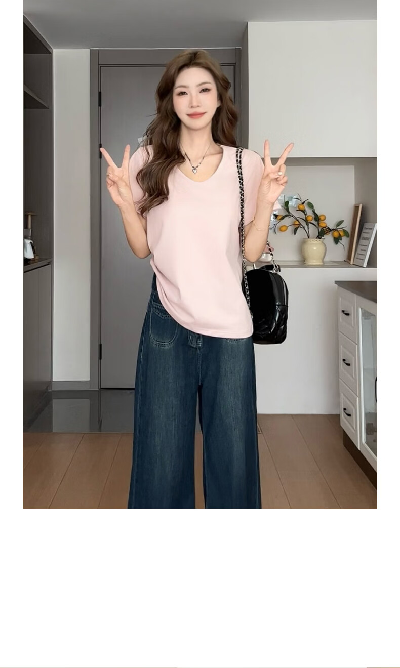 Ziyouxi Women's Cotton Short Sleeve T-Shirt 2025 New Pink U-Neck Loose Summer Casual Solid Color Relaxed Fit 12