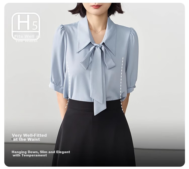 Bodexiaojie Blue Short-Sleeve Shirt for Women, Urban Daily Commute Outfit, Petite Chiffon Blouse, Interview Professional Shirt, Size M 13