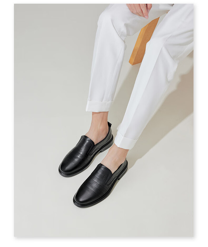 LAORENTOU Men's Summer New Genuine Leather Hollow Casual Shoes Comfortable Breathable Non-slip Perforated Shoes LL170 Black Size 39 8