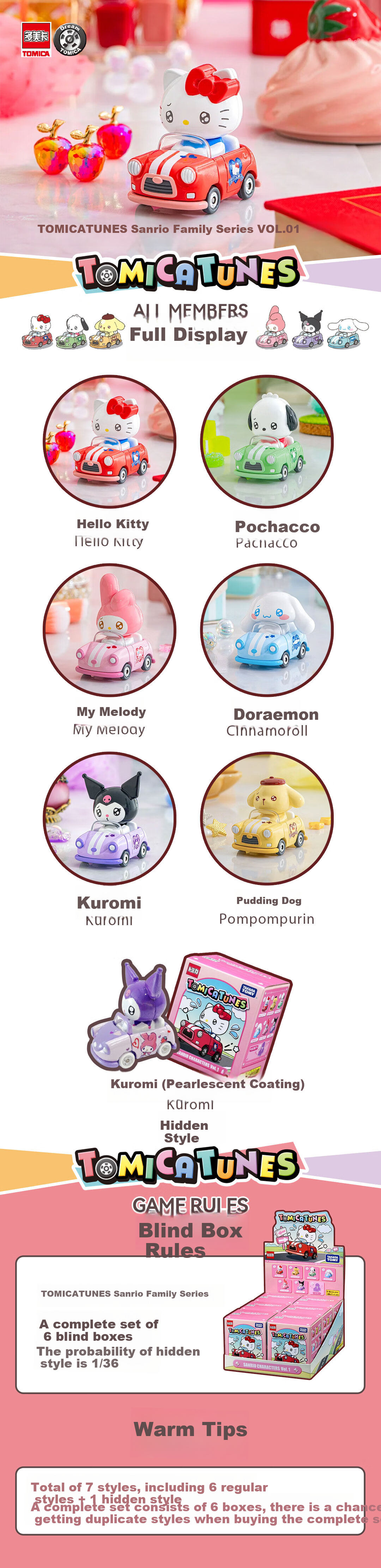 TAKARA TOMY Alloy Car Model Sanrio Family Series Blind Box Kuromi Figurine Display Box Set of 6 1