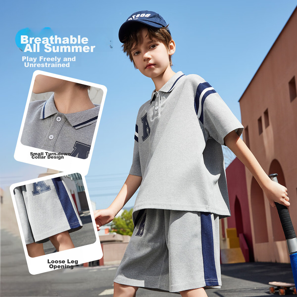 ASK JUNIOR Children's Outfit for Boys, Summer Breathable Preppy Style Polo Shirt And Loose Sports Shorts Two-Piece Set, Gray 1