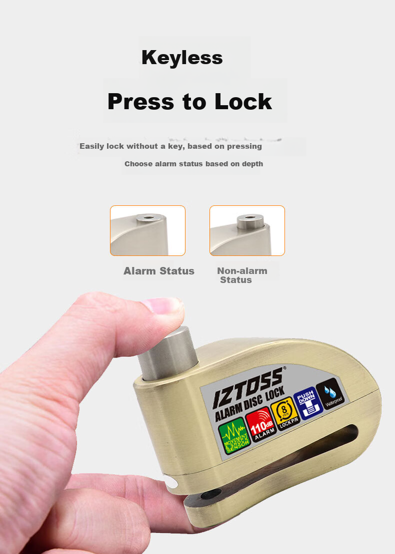 IZTOSS Alarm Disc Brake Lock, Motorcycle Anti-Theft Lock, Mountain Bike Disc Brake Pad, Electric Bicycle Lock, Waterproof, Silver Color 7