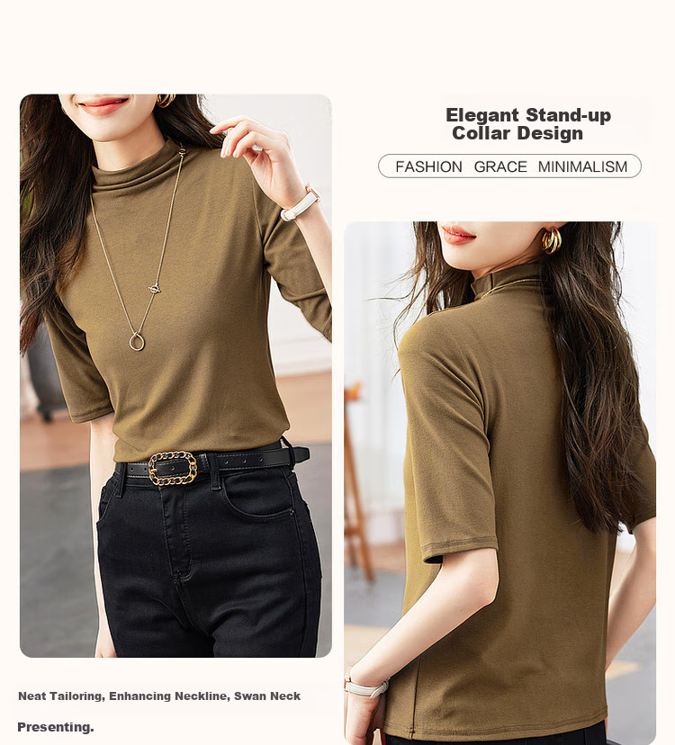 Dme [High-Elastic Simple Mid-Sleeve Base Shirt], Autumn Stand-Up Collar Slim-Fit Women's T-Shirt 5