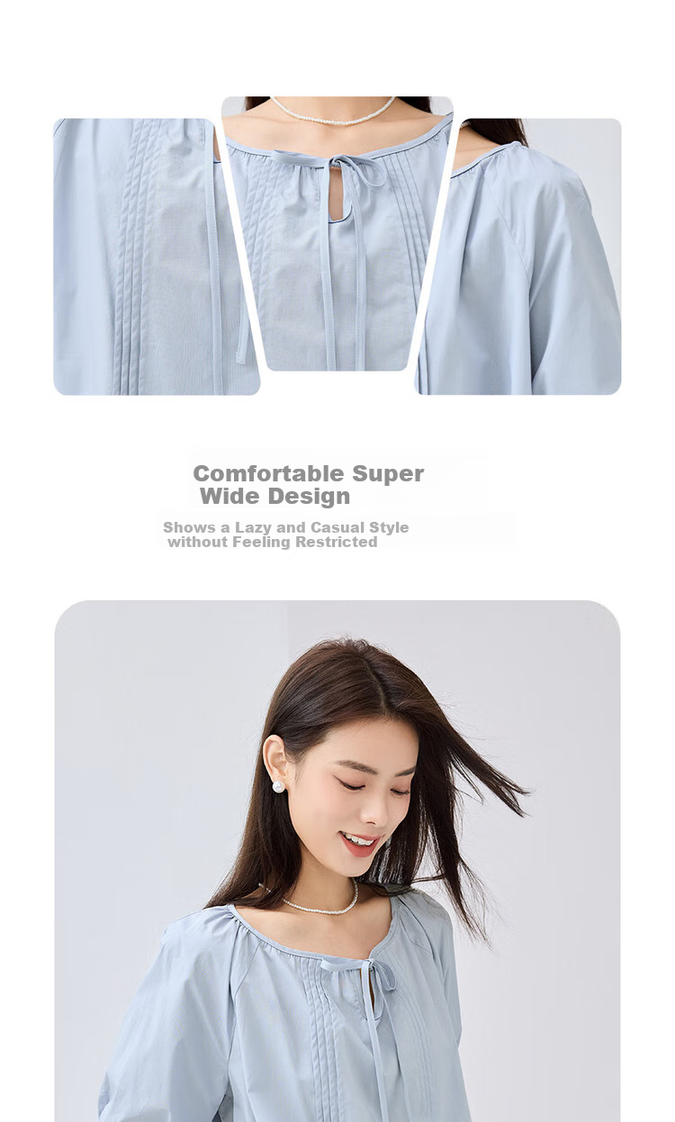 Giordano Women's Short-Sleeve Shirt, Pure Cotton, Brocade, Tie-Up Collar, Pleated, Raglan Sleeve, French Style, Elegant Blouse, 13345305 5