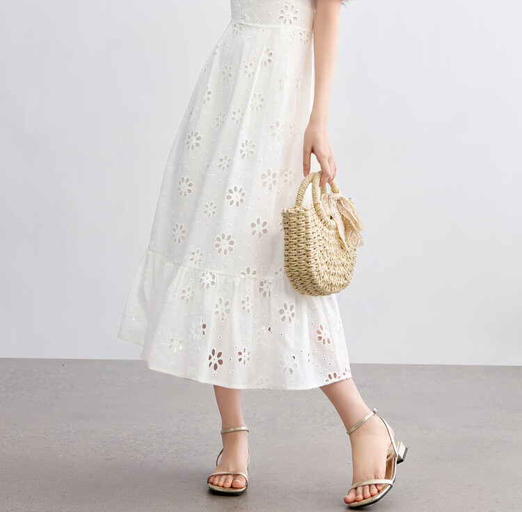 Sentubila Pure Cotton Lace V-Neck Lantern Sleeve White Dress for Women, Summer Elegant Pearl Button Embroidered A-Line Slimming Mid-Length Dress 19