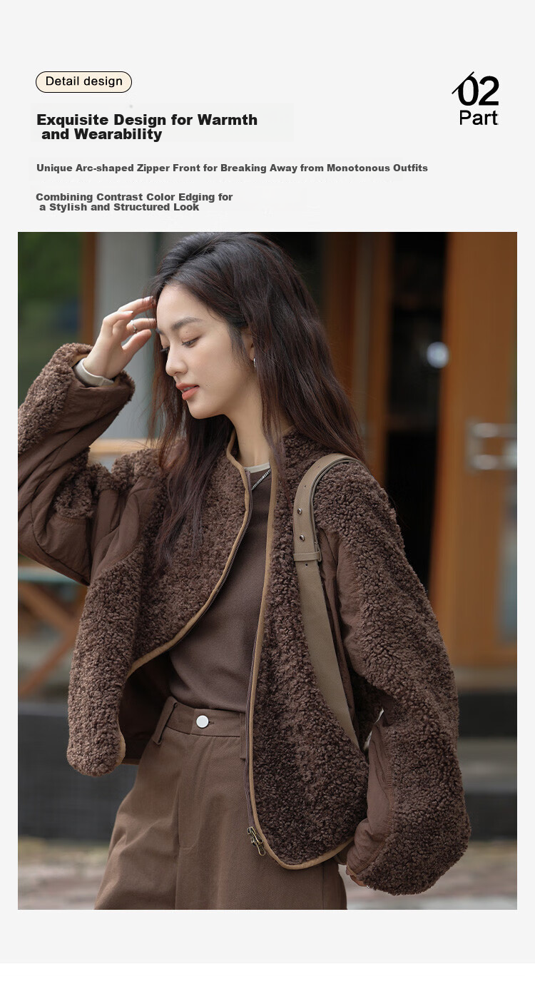 Dme Vintage Plush Jacket Autumn And Winter Style Irregular Arc Zipper Faux Sherpa Coat for Women Coffee Color L 7