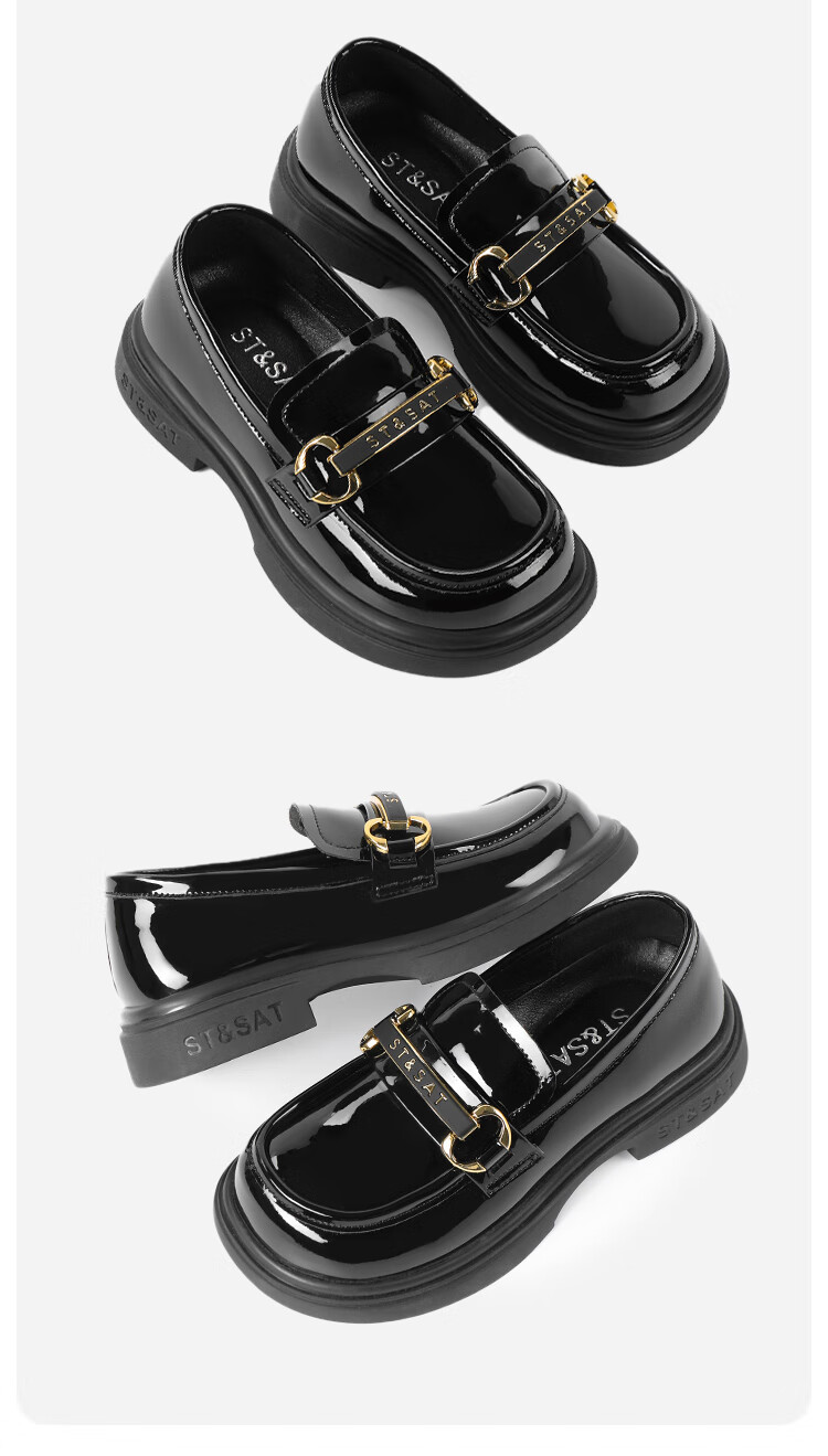 St&Sat Women's Spring Soft-Soled Flats, Girls' Black Leather Shoes, Loafers, Parent-Child Shoes, Slip-On Versatile Style, Black, Size 33 12
