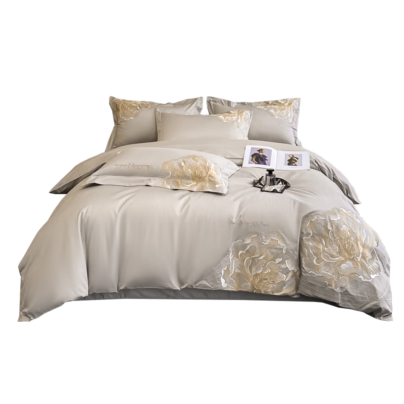 Hengyuanxiang Four-Piece Set, 100% Xinjiang Long-Staple Cotton Class A Pure Cotton Heavy Embroidery Set, Pure Cotton Bare Sleeping Bed Sheet And Duvet Cover for Wedding Gift Bedding 200*230cm