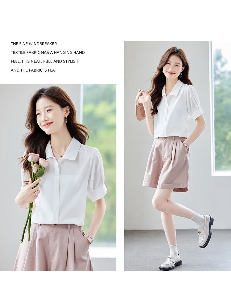 Jeanswest Women's White Short Sleeve Shirt with Lapel Collar Summer Professional Commuting Top, Size L 15