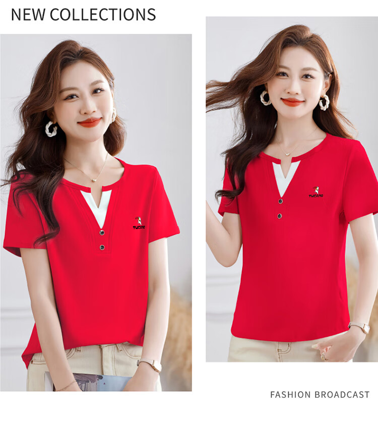 Woodpecker Women's Short Sleeve V-Neck Cotton T-Shirt, Summer Colorblock Slim Fit Plus Size 4XL, Red 20
