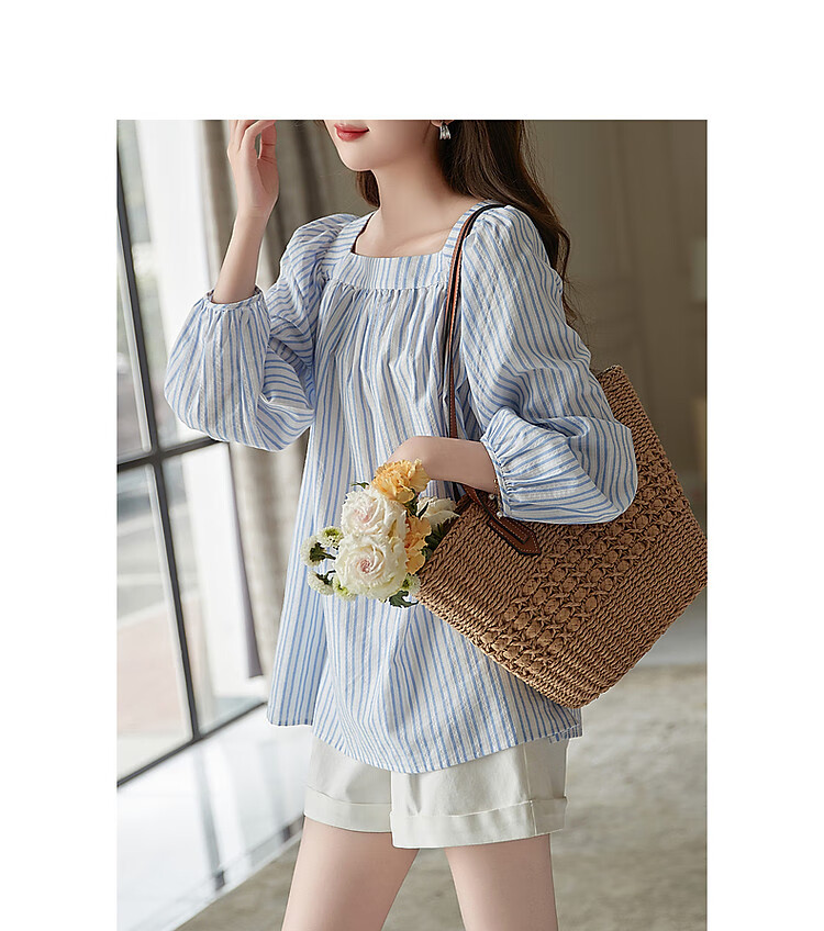 Dme [Oxygen Pure Cotton] Fresh Spring And Autumn Square Collar Striped Shirt, Retro Lantern Sleeves, Slimming Blouse, Women's Top 5