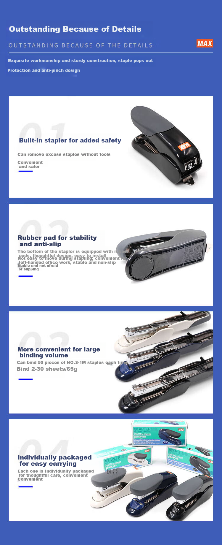 MAX HD-50F Flat-Footed Low-Effort Stapler, Business And Financial Office Supplies with Built-In Staple Remover, Can Staple 2-30 Pages, Compatible with NO.3/NO.35 Staples, Blue 3